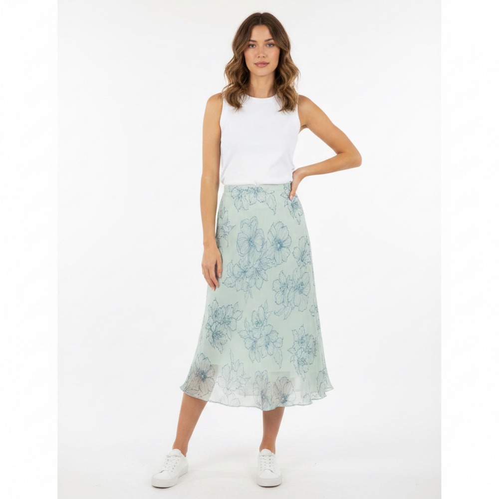 VTG Whimsy Cottagecore Papell Mint Green 100% Silk Floral Midi Skirt Sz 12P